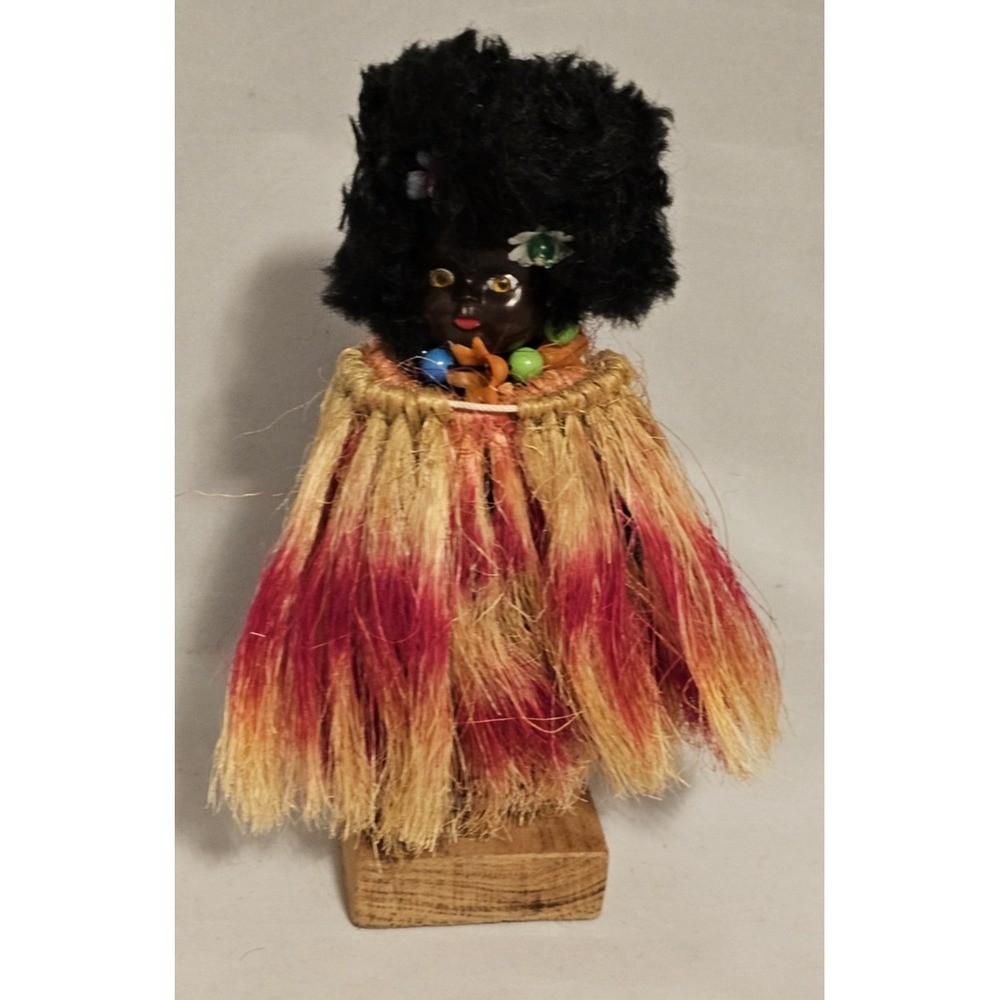 Vintage Hard Plastic Fijian Tribal Doll 7.5" Tall on Wood Block